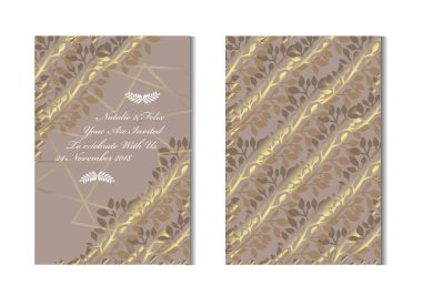 Dekoratif yaprakları, tasarım öğeleri ile zarif altın kartları. Kullanılabilir düğün, bebek duş, anneler günü, Sevgililer günü, Doğum günü, rsvp kartları, davetiyeler, tebrik için. Altın şablon arka plan