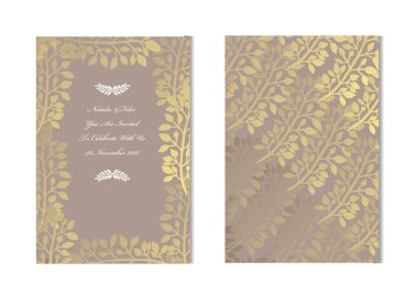 Dekoratif yaprakları, tasarım öğeleri ile zarif altın kartları. Kullanılabilir düğün, bebek duş, anneler günü, Sevgililer günü, Doğum günü, rsvp kartları, davetiyeler, tebrik için. Altın şablon arka plan