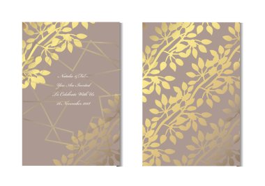 Dekoratif yaprakları, tasarım öğeleri ile zarif altın kartları. Kullanılabilir düğün, bebek duş, anneler günü, Sevgililer günü, Doğum günü, rsvp kartları, davetiyeler, tebrik için. Altın şablon arka plan