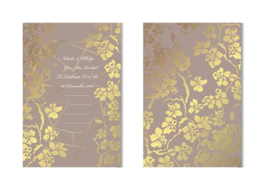 Dekoratif sakura, tasarım öğeleri ile zarif altın kartları. Kullanılabilir düğün, bebek duş, anneler günü, Sevgililer günü, Doğum günü, rsvp kartları, davetiyeler, tebrik için. Altın şablon arka plan