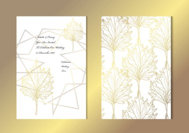 Dekoratif yaprakları, tasarım öğeleri ile zarif altın kartları. Kullanılabilir düğün, bebek duş, anneler günü, Sevgililer günü, Doğum günü, rsvp kartları, davetiyeler, tebrik için. Altın şablon arka plan