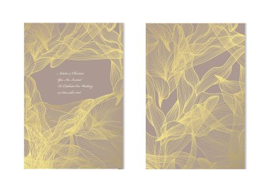 Dekoratif yaprakları, tasarım öğeleri ile zarif altın kartları. Kullanılabilir düğün, bebek duş, anneler günü, Sevgililer günü, Doğum günü, rsvp kartları, davetiyeler, tebrik için. Altın şablon arka plan