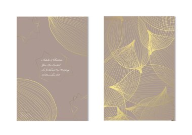 Dekoratif yaprakları, tasarım öğeleri ile zarif altın kartları. Kullanılabilir düğün, bebek duş, anneler günü, Sevgililer günü, Doğum günü, rsvp kartları, davetiyeler, tebrik için. Altın şablon arka plan