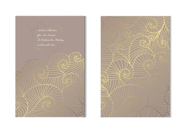 Dekoratif dalgalar, tasarım öğeleri ile zarif altın kartları. Kullanılabilir düğün, bebek duş, anneler günü, Sevgililer günü, Doğum günü, rsvp kartları, davetiyeler, tebrik için. Altın şablon arka plan