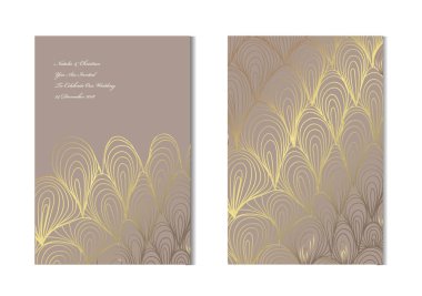 Dekoratif dalgalar, tasarım öğeleri ile zarif altın kartları. Kullanılabilir düğün, bebek duş, anneler günü, Sevgililer günü, Doğum günü, rsvp kartları, davetiyeler, tebrik için. Altın şablon arka plan