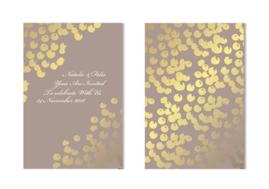 Dekoratif noktalar, tasarım öğeleri ile zarif altın kartları. Kullanılabilir düğün, bebek duş, anneler günü, Sevgililer günü, Doğum günü, rsvp kartları, davetiyeler, tebrik için. Altın şablon arka plan