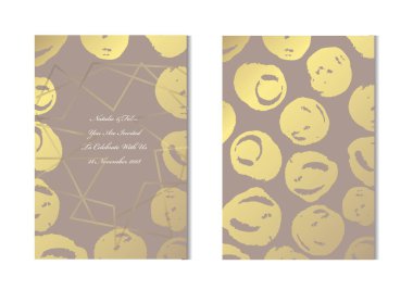 Dekoratif noktalar, tasarım öğeleri ile zarif altın kartları. Kullanılabilir düğün, bebek duş, anneler günü, Sevgililer günü, Doğum günü, rsvp kartları, davetiyeler, tebrik için. Altın şablon arka plan