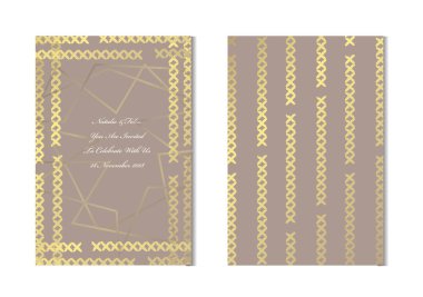Dekoratif dikiş, tasarım öğeleri ile zarif altın kartları. Kullanılabilir düğün, bebek duş, anneler günü, Sevgililer günü, Doğum günü, rsvp kartları, davetiyeler, tebrik için. Altın şablon arka plan