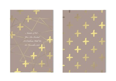 Dekoratif haçlar, tasarım öğeleri ile zarif altın kartları. Kullanılabilir düğün, bebek duş, anneler günü, Sevgililer günü, Doğum günü, rsvp kartları, davetiyeler, tebrik için. Altın şablon arka plan