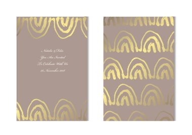 Dekoratif dalgalar, tasarım öğeleri ile zarif altın kartları. Kullanılabilir düğün, bebek duş, anneler günü, Sevgililer günü, Doğum günü, rsvp kartları, davetiyeler, tebrik için. Altın şablon arka plan