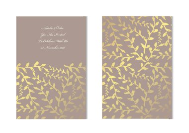 Dekoratif yaprakları, tasarım öğeleri ile zarif altın kartları. Kullanılabilir düğün, bebek duş, anneler günü, Sevgililer günü, Doğum günü, rsvp kartları, davetiyeler, tebrik için. Altın şablon arka plan