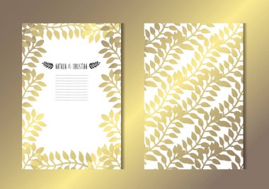 Dekoratif yaprakları, tasarım öğeleri ile zarif altın kartları. Kullanılabilir düğün, bebek duş, anneler günü, Sevgililer günü, Doğum günü, rsvp kartları, davetiyeler, tebrik için. Altın şablon arka plan