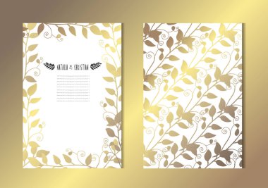 Dekoratif yaprakları, tasarım öğeleri ile zarif altın kartları. Kullanılabilir düğün, bebek duş, anneler günü, Sevgililer günü, Doğum günü, rsvp kartları, davetiyeler, tebrik için. Altın şablon arka plan