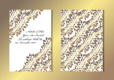 Dekoratif yaprakları, tasarım öğeleri ile zarif altın kartları. Kullanılabilir düğün, bebek duş, anneler günü, Sevgililer günü, Doğum günü, rsvp kartları, davetiyeler, tebrik için. Altın şablon arka plan