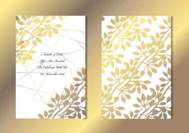 Dekoratif yaprakları, tasarım öğeleri ile zarif altın kartları. Kullanılabilir düğün, bebek duş, anneler günü, Sevgililer günü, Doğum günü, rsvp kartları, davetiyeler, tebrik için. Altın şablon arka plan