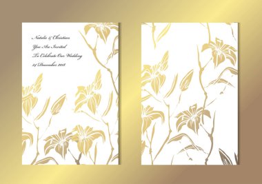 Dekoratif lilyum, tasarım öğeleri ile zarif altın kartları. Kullanılabilir düğün, bebek duş, anneler günü, Sevgililer günü, Doğum günü, rsvp kartları, davetiyeler, tebrik için. Altın şablon arka plan