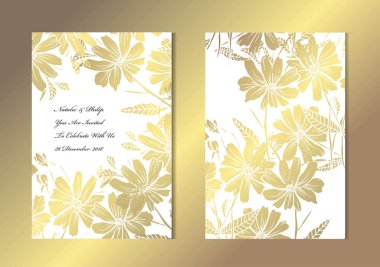 Dekoratif chamomiles, tasarım öğeleri ile zarif altın kartları. Kullanılabilir düğün, bebek duş, anneler günü, Sevgililer günü, Doğum günü, rsvp kartları, davetiyeler, tebrik için. Altın şablon arka plan