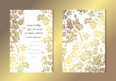 Dekoratif sakura, tasarım öğeleri ile zarif altın kartları. Kullanılabilir düğün, bebek duş, anneler günü, Sevgililer günü, Doğum günü, rsvp kartları, davetiyeler, tebrik için. Altın şablon arka plan