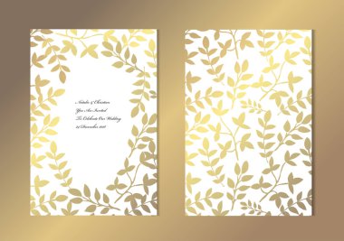 Dekoratif yaprakları, tasarım öğeleri ile zarif altın kartları. Kullanılabilir düğün, bebek duş, anneler günü, Sevgililer günü, Doğum günü, rsvp kartları, davetiyeler, tebrik için. Altın şablon arka plan
