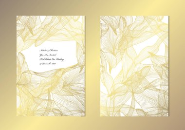 Dekoratif yaprakları, tasarım öğeleri ile zarif altın kartları. Kullanılabilir düğün, bebek duş, anneler günü, Sevgililer günü, Doğum günü, rsvp kartları, davetiyeler, tebrik için. Altın şablon arka plan