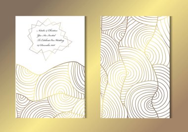 Dekoratif dalgalar, tasarım öğeleri ile zarif altın kartları. Kullanılabilir düğün, bebek duş, anneler günü, Sevgililer günü, Doğum günü, rsvp kartları, davetiyeler, tebrik için. Altın şablon arka plan