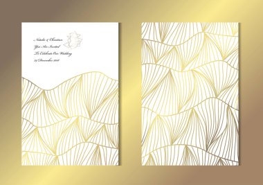 Dekoratif dalgalar, tasarım öğeleri ile zarif altın kartları. Kullanılabilir düğün, bebek duş, anneler günü, Sevgililer günü, Doğum günü, rsvp kartları, davetiyeler, tebrik için. Altın şablon arka plan