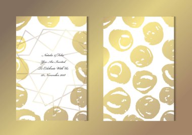Dekoratif noktalar, tasarım öğeleri ile zarif altın kartları. Kullanılabilir düğün, bebek duş, anneler günü, Sevgililer günü, Doğum günü, rsvp kartları, davetiyeler, tebrik için. Altın şablon arka plan