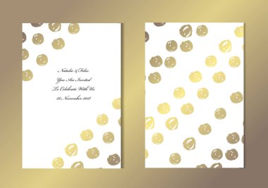 Dekoratif noktalar, tasarım öğeleri ile zarif altın kartları. Kullanılabilir düğün, bebek duş, anneler günü, Sevgililer günü, Doğum günü, rsvp kartları, davetiyeler, tebrik için. Altın şablon arka plan