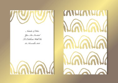 Dekoratif dalgalar, tasarım öğeleri ile zarif altın kartları. Kullanılabilir düğün, bebek duş, anneler günü, Sevgililer günü, Doğum günü, rsvp kartları, davetiyeler, tebrik için. Altın şablon arka plan