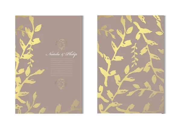 Cartões Dourados Elegantes Com Folhas Decorativas Elementos Design Pode Ser — Vetor de Stock