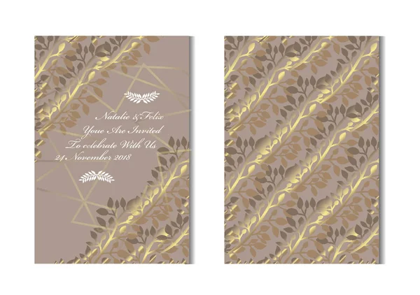Dekoratif yaprakları, tasarım öğeleri ile zarif altın kartları. Kullanılabilir düğün, bebek duş, anneler günü, Sevgililer günü, Doğum günü, rsvp kartları, davetiyeler, tebrik için. Altın şablon arka plan