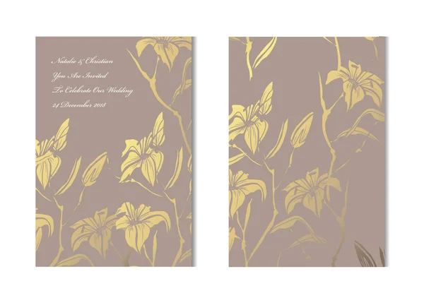 Cartões Dourados Elegantes Com Lírios Decorativos Elementos Design Pode Ser — Vetor de Stock