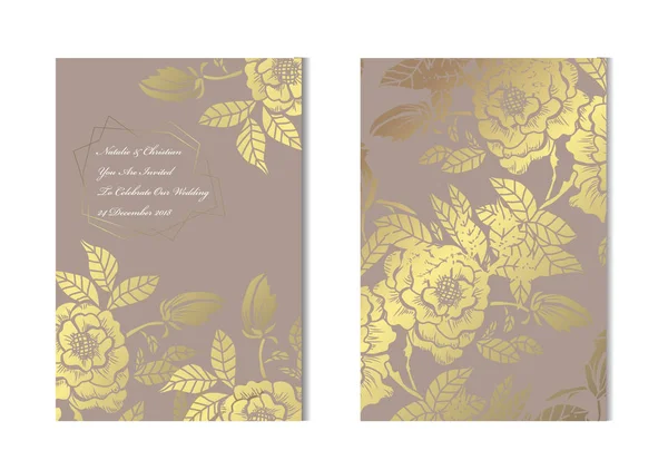 Elegante Goldene Karten Mit Dekorativen Pfingstrosen Designelemente Kann Für Hochzeit — Stockvektor