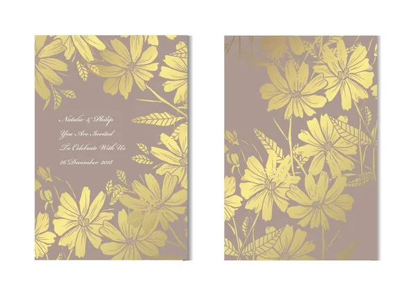 Cartões Dourados Elegantes Com Camomilas Decorativas Elementos Design Pode Ser — Vetor de Stock