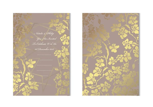 Dekoratif sakura, tasarım öğeleri ile zarif altın kartları. Kullanılabilir düğün, bebek duş, anneler günü, Sevgililer günü, Doğum günü, rsvp kartları, davetiyeler, tebrik için. Altın şablon arka plan