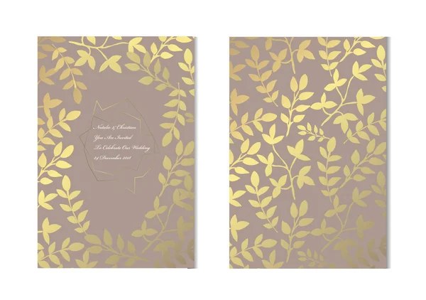 Cartões Dourados Elegantes Com Folhas Decorativas Elementos Design Pode Ser — Vetor de Stock