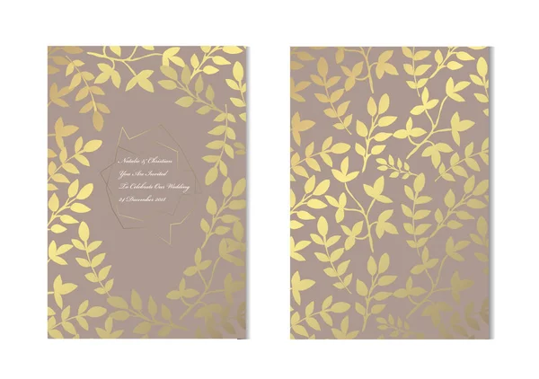 Eleganti Carte Oro Con Foglie Decorative Elementi Design Può Essere — Vettoriale Stock