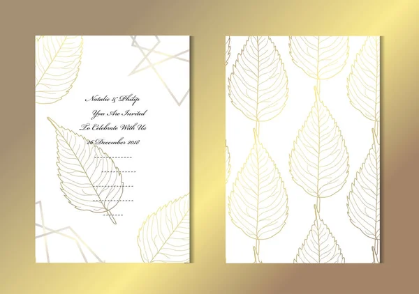 Eleganti Carte Oro Con Foglie Decorative Elementi Design Può Essere — Vettoriale Stock