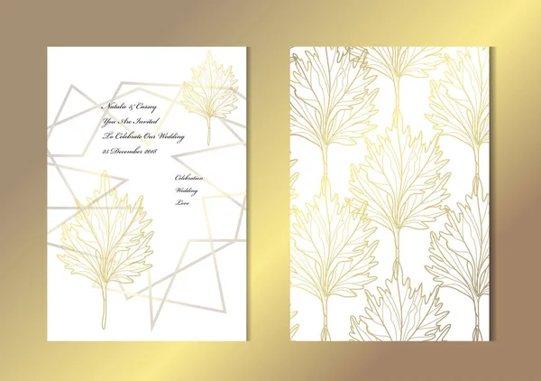 Dekoratif yaprakları, tasarım öğeleri ile zarif altın kartları. Kullanılabilir düğün, bebek duş, anneler günü, Sevgililer günü, Doğum günü, rsvp kartları, davetiyeler, tebrik için. Altın şablon arka plan