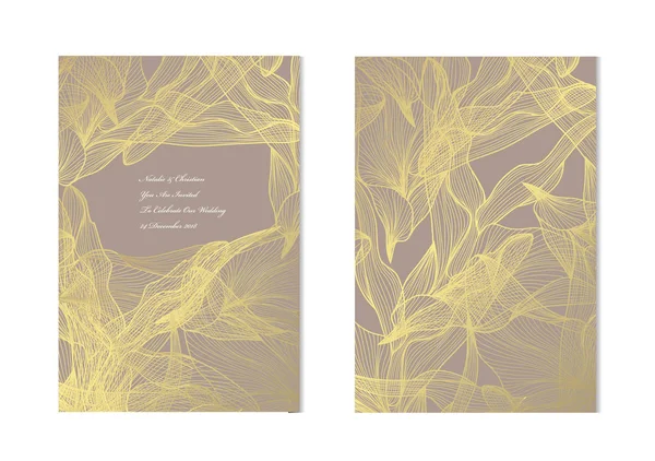 Dekoratif yaprakları, tasarım öğeleri ile zarif altın kartları. Kullanılabilir düğün, bebek duş, anneler günü, Sevgililer günü, Doğum günü, rsvp kartları, davetiyeler, tebrik için. Altın şablon arka plan