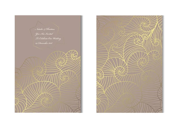 Dekoratif dalgalar, tasarım öğeleri ile zarif altın kartları. Kullanılabilir düğün, bebek duş, anneler günü, Sevgililer günü, Doğum günü, rsvp kartları, davetiyeler, tebrik için. Altın şablon arka plan