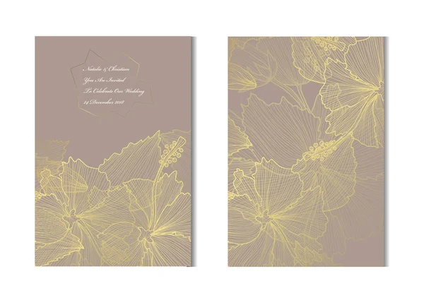Cartões Dourados Elegantes Com Hibisco Decorativo Elementos Design Pode Ser — Vetor de Stock