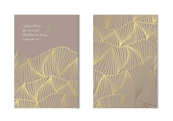 Dekoratif dalgalar, tasarım öğeleri ile zarif altın kartları. Kullanılabilir düğün, bebek duş, anneler günü, Sevgililer günü, Doğum günü, rsvp kartları, davetiyeler, tebrik için. Altın şablon arka plan