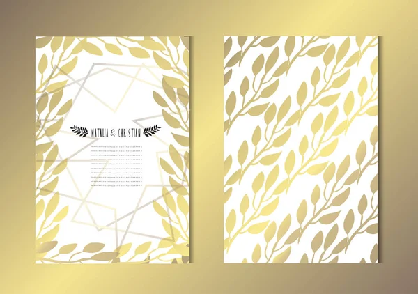 Dekoratif yaprakları, tasarım öğeleri ile zarif altın kartları. Kullanılabilir düğün, bebek duş, anneler günü, Sevgililer günü, Doğum günü, rsvp kartları, davetiyeler, tebrik için. Altın şablon arka plan