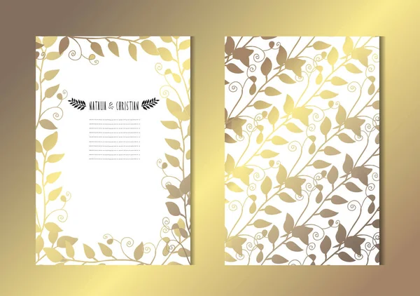 Eleganti Carte Oro Con Foglie Decorative Elementi Design Può Essere — Vettoriale Stock