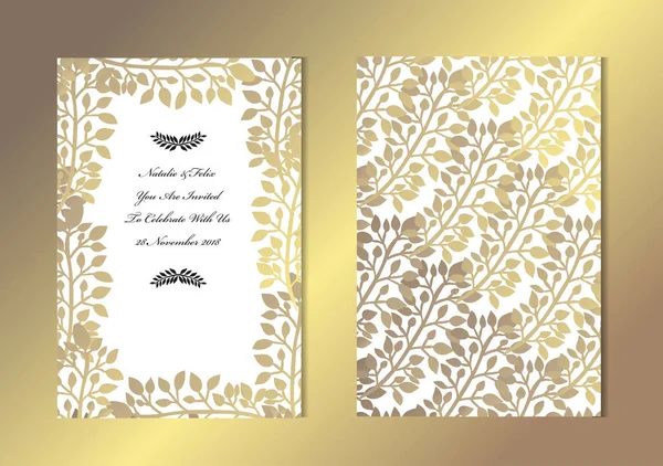 Dekoratif yaprakları, tasarım öğeleri ile zarif altın kartları. Kullanılabilir düğün, bebek duş, anneler günü, Sevgililer günü, Doğum günü, rsvp kartları, davetiyeler, tebrik için. Altın şablon arka plan