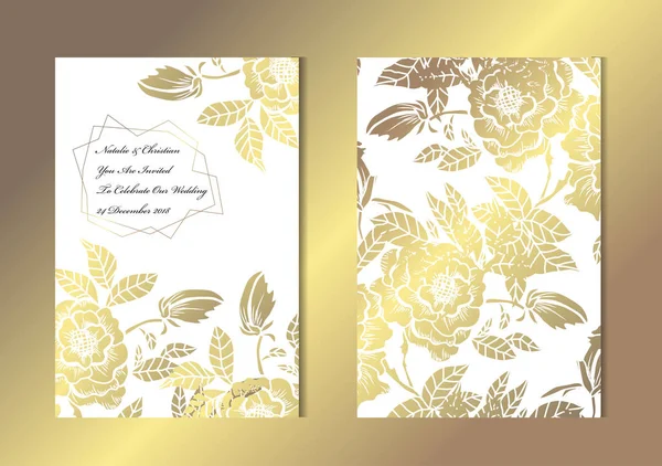 Cartões Dourados Elegantes Com Peônias Decorativas Elementos Design Pode Ser — Vetor de Stock