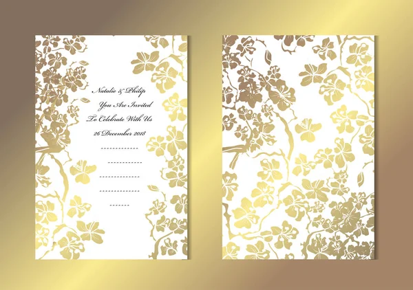 Dekoratif sakura, tasarım öğeleri ile zarif altın kartları. Kullanılabilir düğün, bebek duş, anneler günü, Sevgililer günü, Doğum günü, rsvp kartları, davetiyeler, tebrik için. Altın şablon arka plan