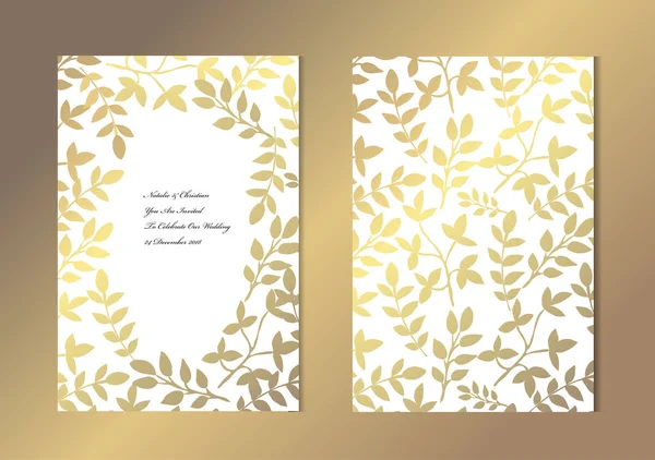 Dekoratif yaprakları, tasarım öğeleri ile zarif altın kartları. Kullanılabilir düğün, bebek duş, anneler günü, Sevgililer günü, Doğum günü, rsvp kartları, davetiyeler, tebrik için. Altın şablon arka plan