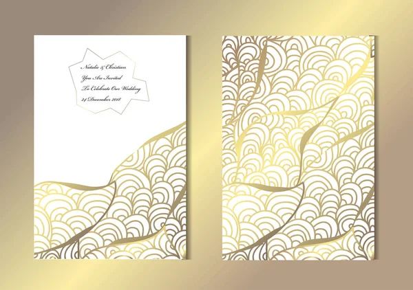 Dekoratif dalgalar, tasarım öğeleri ile zarif altın kartları. Kullanılabilir düğün, bebek duş, anneler günü, Sevgililer günü, Doğum günü, rsvp kartları, davetiyeler, tebrik için. Altın şablon arka plan